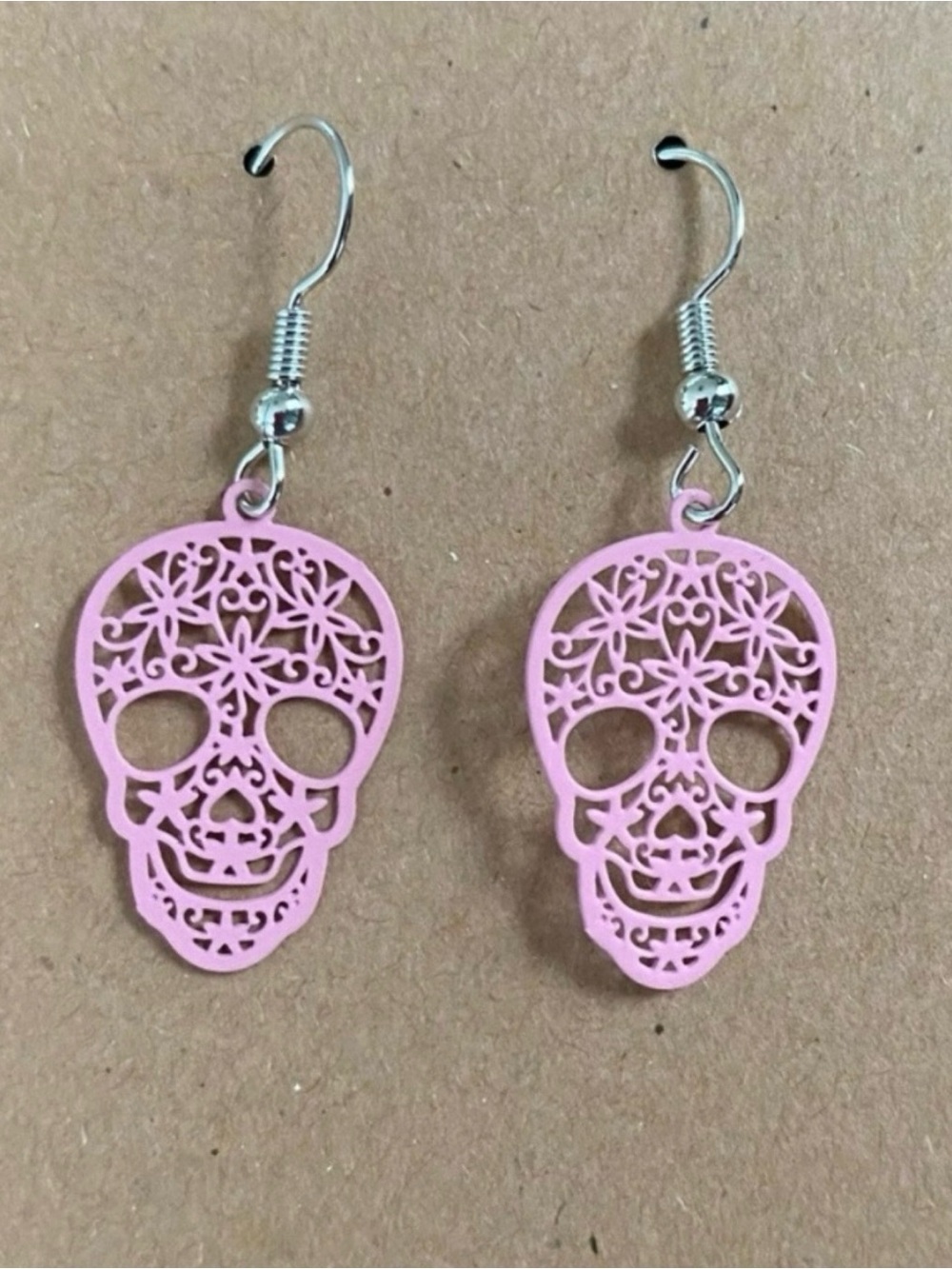 Pink Sugar Skull Filigree Dangle Earrings
